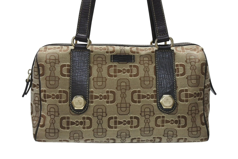 Gucci Boston bag horsebit embroidery Khaki Green canvas brown Beige Cream